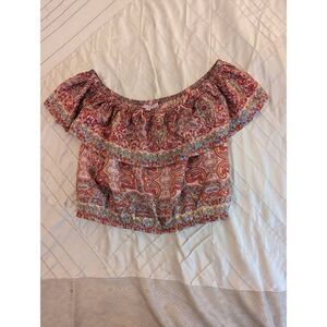 CALYPSO st. Barth silk paisley off shoulder ruffled crop top sz l euc